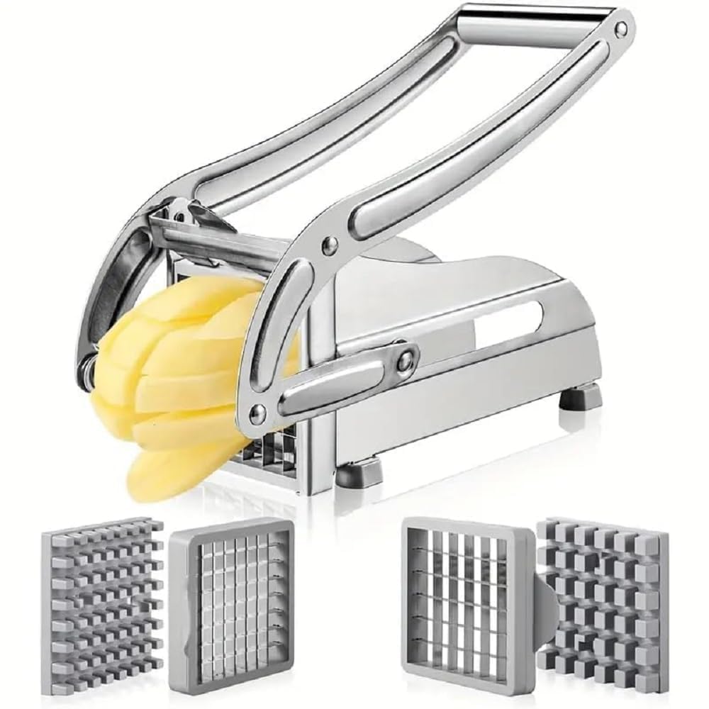 Stainless Steel French Fries Cutter & Potato Slicer Machine | Heavy Duty Potato Chipser with 4 Interchangeable Blades | Manual Vegetable Cutter