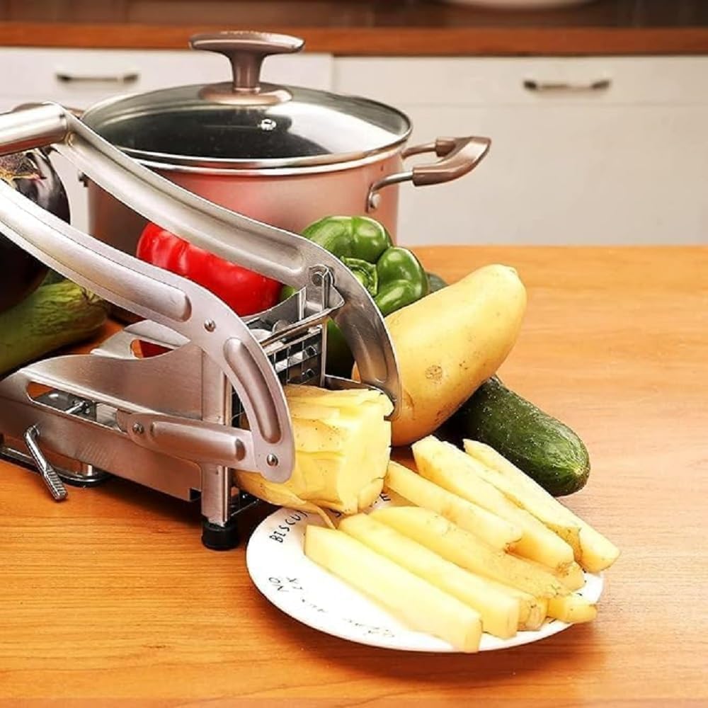 Stainless Steel French Fries Cutter & Potato Slicer Machine | Heavy Duty Potato Chipser with 4 Interchangeable Blades | Manual Vegetable Cutter