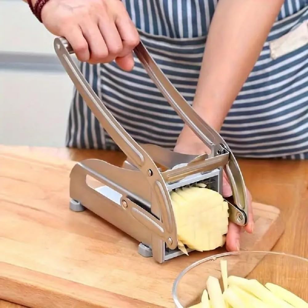Stainless Steel French Fries Cutter & Potato Slicer Machine | Heavy Duty Potato Chipser with 4 Interchangeable Blades | Manual Vegetable Cutter