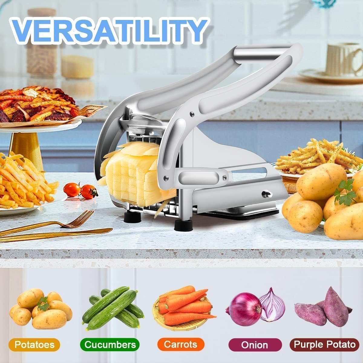 Stainless Steel French Fries Cutter & Potato Slicer Machine | Heavy Duty Potato Chipser with 4 Interchangeable Blades | Manual Vegetable Cutter